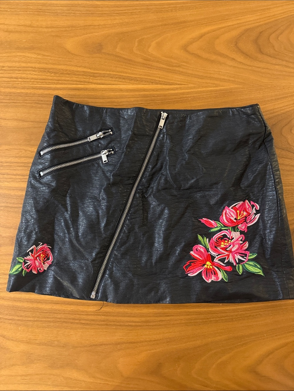 H&M Black Faux Leather Mini Skirt with Pink Floral Embroidery